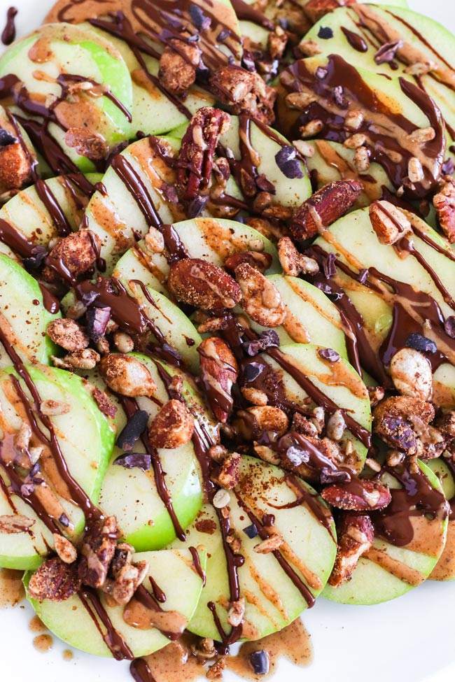 Close-up of Green Apple Breakfast Nachos on a white plate.