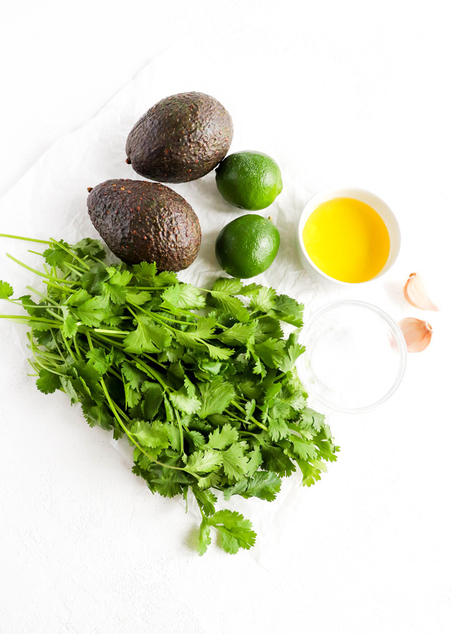 Avocados, fresh cilantro, fresh limes, olive oil, garlic, and sea salt on a piece of white parchment paper.